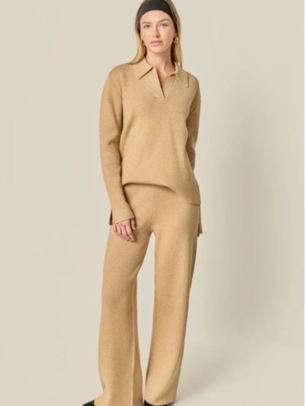 ENGLISH FACTORY KNIT RIBBED COLLARED SWEATER WIDE LEG PANT SET